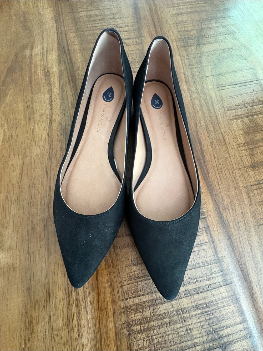 Pointed Toe Black Ballet Flats - Caslon - suede, water-resistant. 6.5